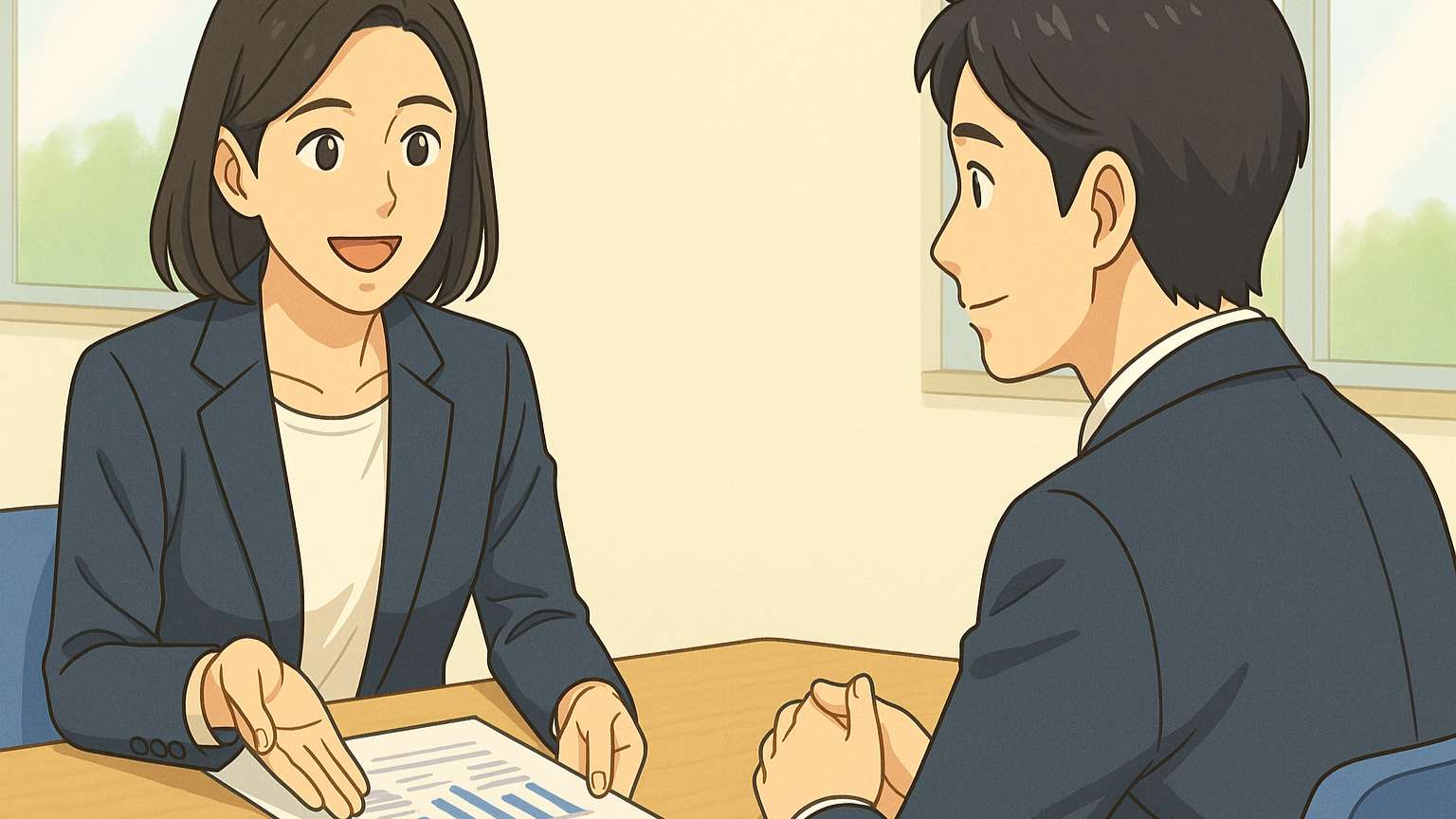 明るいオフィスで30代の男女が相談しているビジネスシーン。資料を広げて説明する人物と、安心して頷く人物。清潔感のある現代ビジネスイラスト調、ブログ紹介用のバナーイメージ。