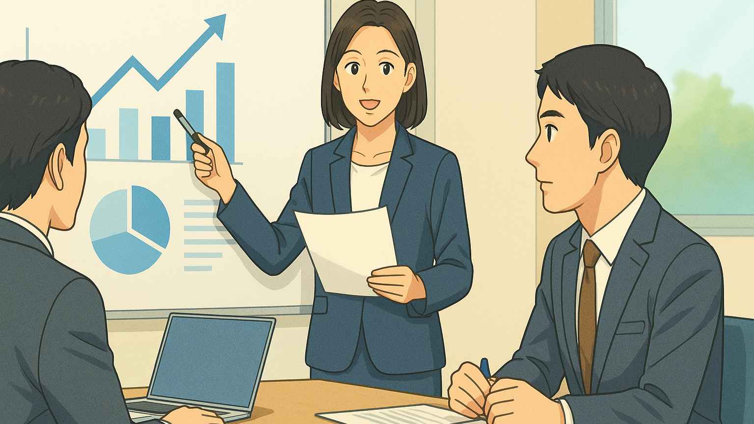 30代前半の男女スーツ姿が、会議室で大手企業の担当者と打ち合わせしているシーン。ホワイトボードや資料を使いながら「新商品の方向性」を議論している。