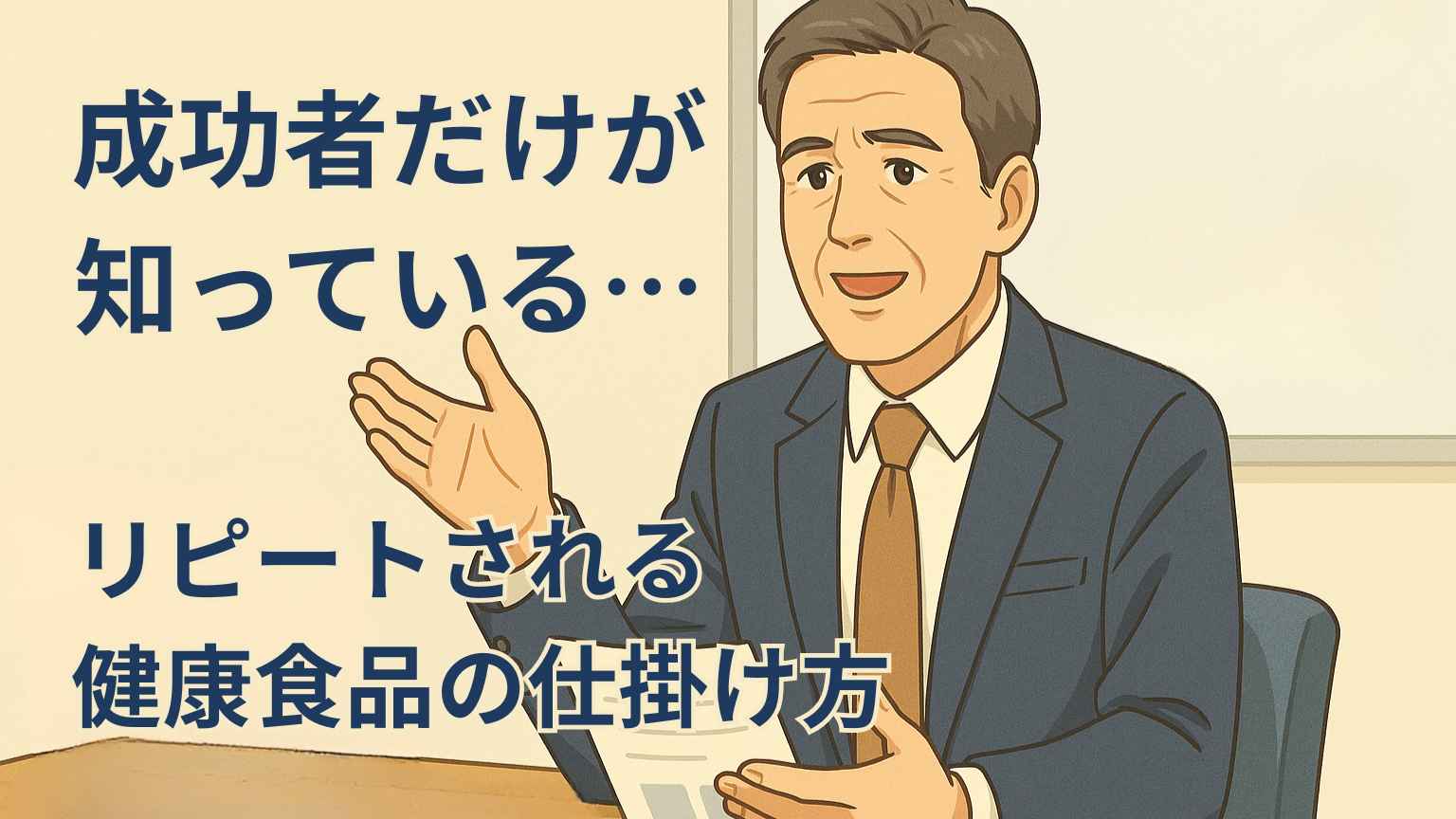 52歳の男性ビジネスパーソンが、資料を前に「リピートされる仕掛け」を熱心に語っているイラスト。真剣さと温かさの両方を感じさせる表情。