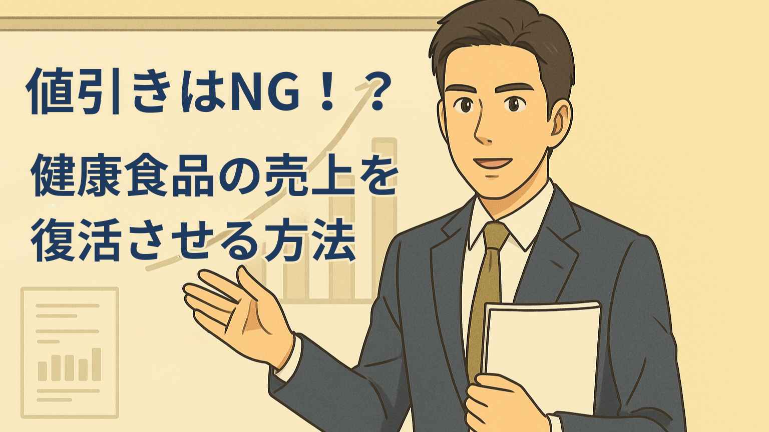 スーツ姿のビジネスパーソンが会議室で“値引きではなく設計で売る”方法を説明しているイラスト。説得力と信念がにじむ表情。