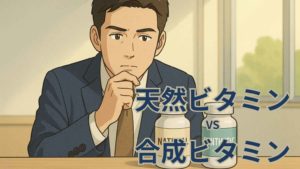 30代のビジネスパーソンが、「天然」と「合成」のラベルが付いたけれど見た目は同じサプリメントボトルを前に、科学的に同じかどうかを真剣に見比べているフルカラーのイラスト。科学と消費者心理の葛藤を描くシーン。