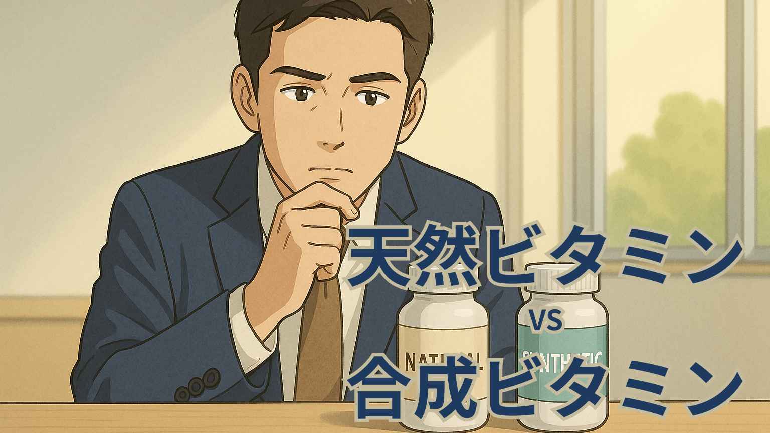 30代のビジネスパーソンが、「天然」と「合成」のラベルが付いたけれど見た目は同じサプリメントボトルを前に、科学的に同じかどうかを真剣に見比べているフルカラーのイラスト。科学と消費者心理の葛藤を描くシーン。