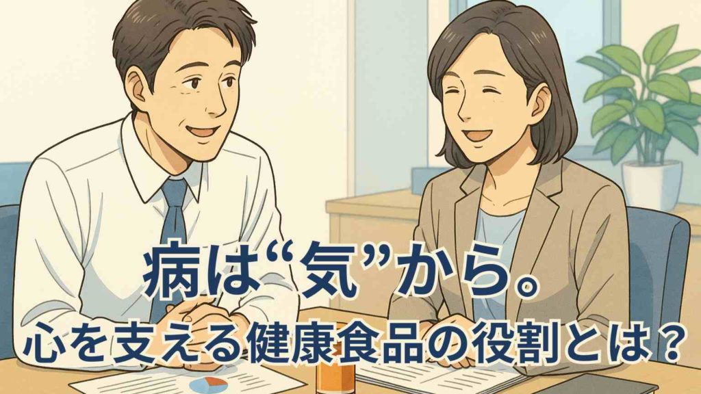 オフィスのデスクで30代のビジネスパーソンが笑顔で会話し、机の上に健康食品のボトルや資料が置かれている様子を描いたフルカラーのイラスト。「病は気から」をイメージした安心感のあるシーン。