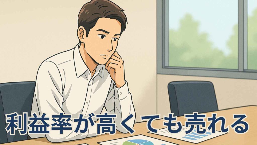 清潔感ある30代ビジネスパーソンが会議室でマーケティング資料を横目に眺めながら、価格に頼らず価値を伝える販促戦略を考えている様子を描いたフルカラーのイラスト。