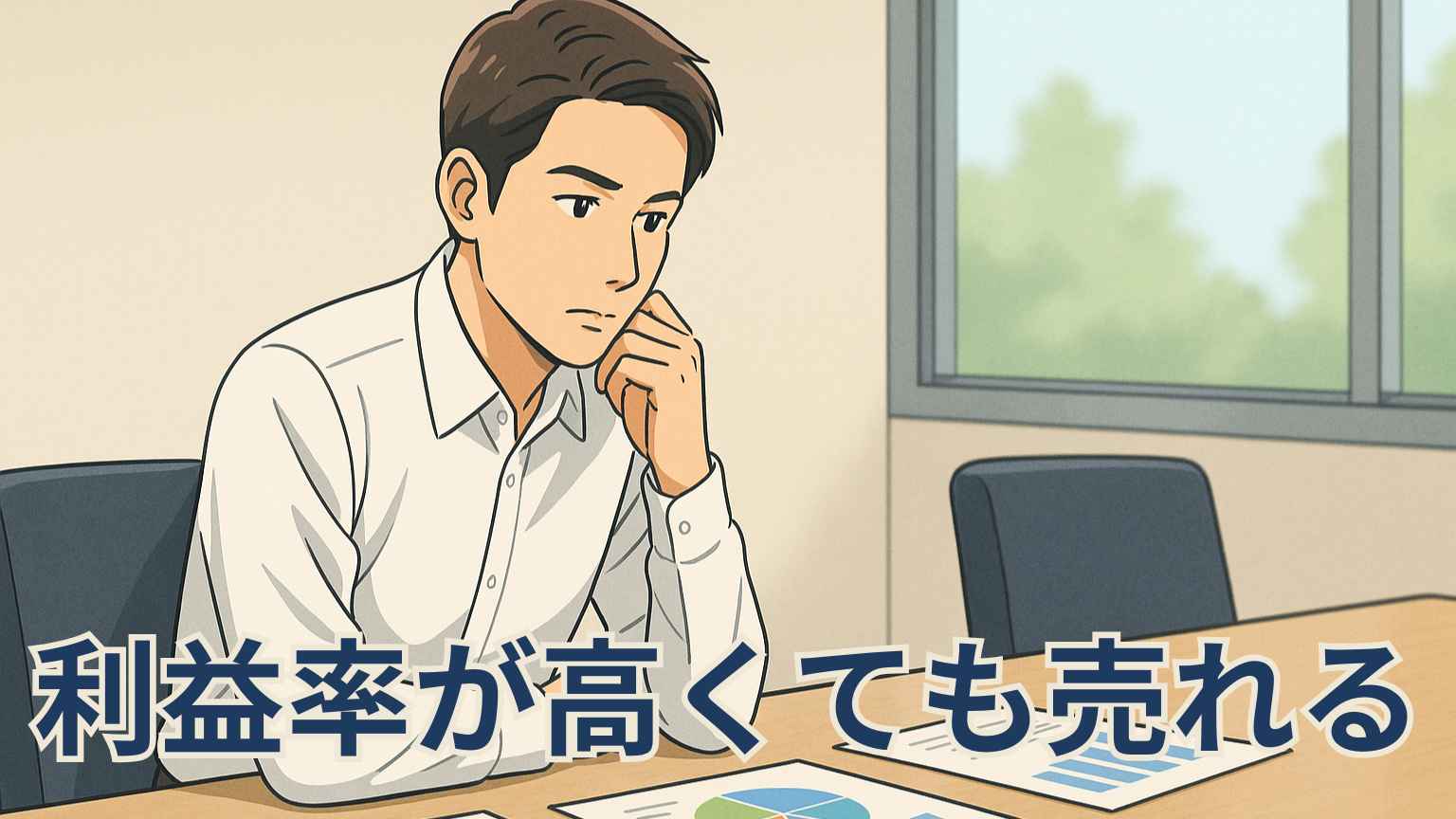 清潔感ある30代ビジネスパーソンが会議室でマーケティング資料を横目に眺めながら、価格に頼らず価値を伝える販促戦略を考えている様子を描いたフルカラーのイラスト。