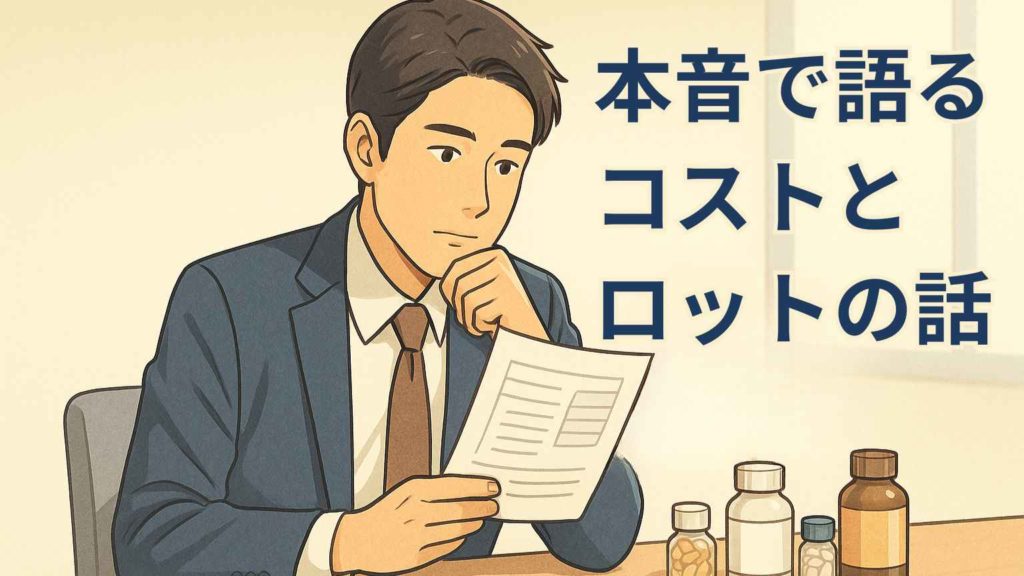 30代ビジネスパーソンが、製造ロットとコストが記載された書類を見ながら、構想を練るシーンを描いたフルカラーのイラスト。現実的なコスト設計と未来への構想を表現。