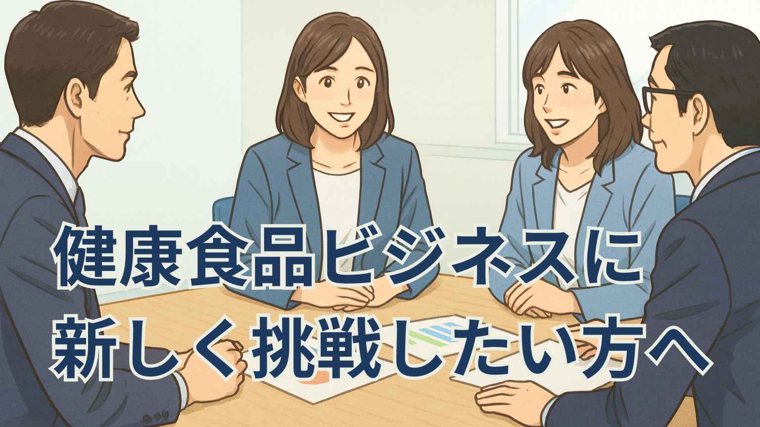 健康食品ビジネスに新しく挑戦したい方を応援する温かい相談風景のイラスト