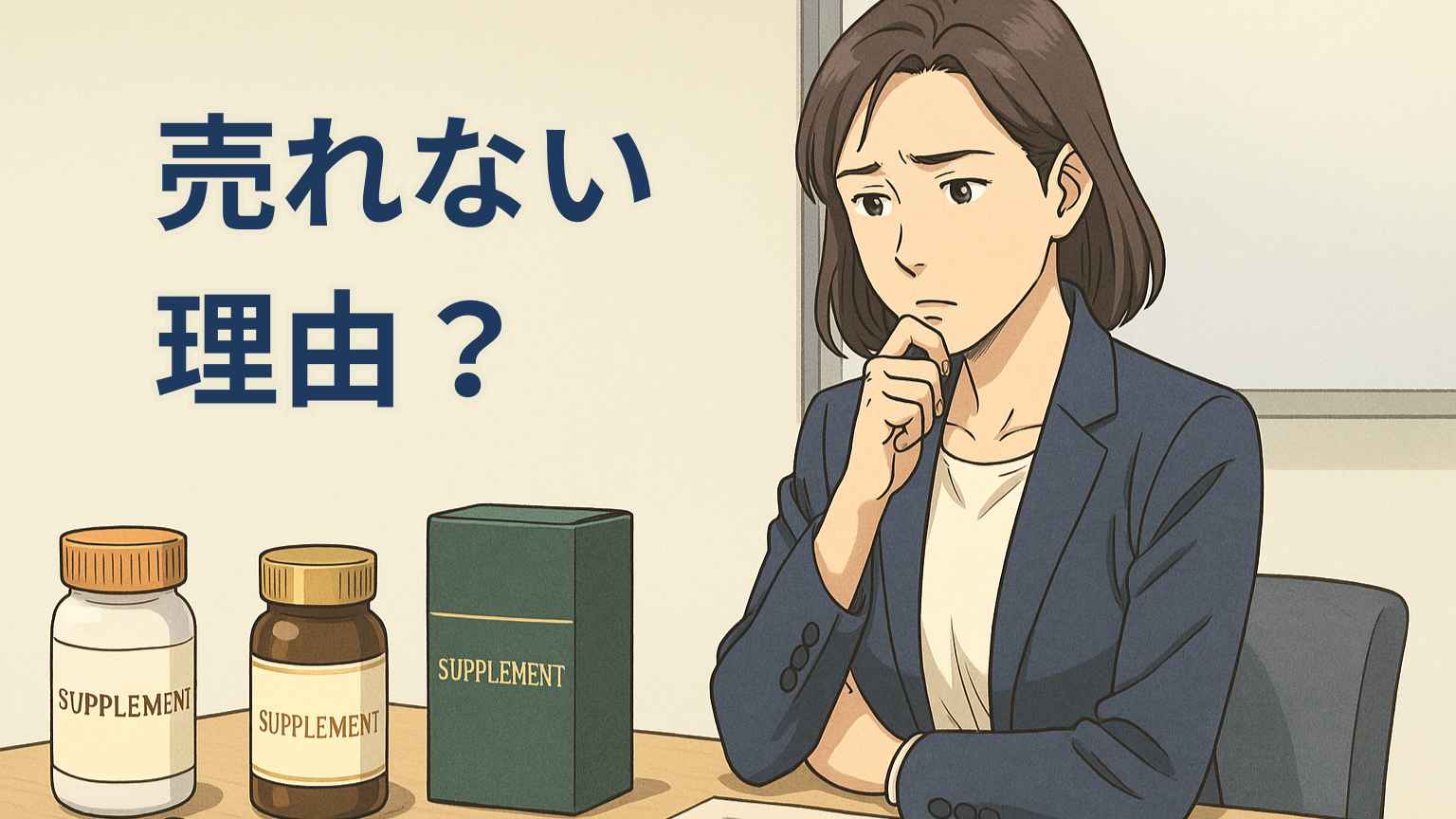 0代のビジネスパーソンが錠剤やパッケージの模型を見つめながら、“食品として飲み続けてもらえる設計”について考える様子を描いたフルカラーのイラスト。