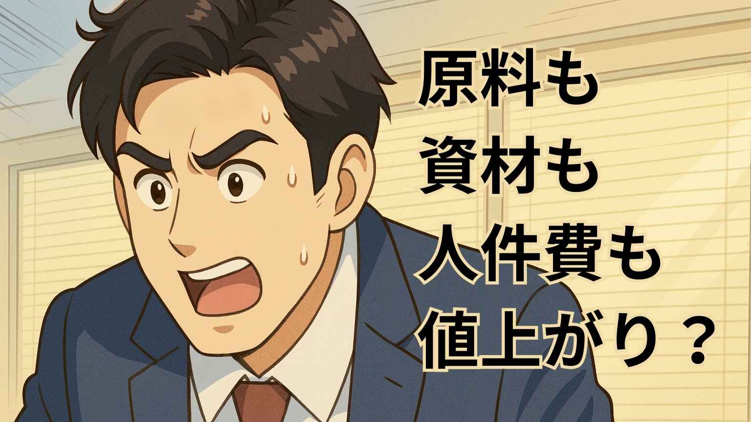 男性ビジネスパーソンが原料も資材も人件費も値上がりしたことに戦慄している画像