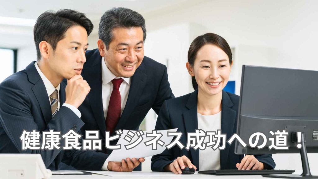 3人のビジネスパーソンがモニターを前に健康食品業界への新規参入を相談している写真。『健康食品ビジネス成功への道』コラムのアイキャッチ画像。