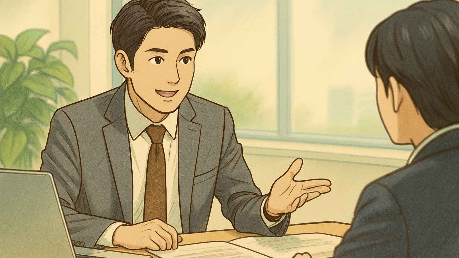 30代の男性ビジネスパーソンが力強く顧客にプレゼンをしているイラスト
