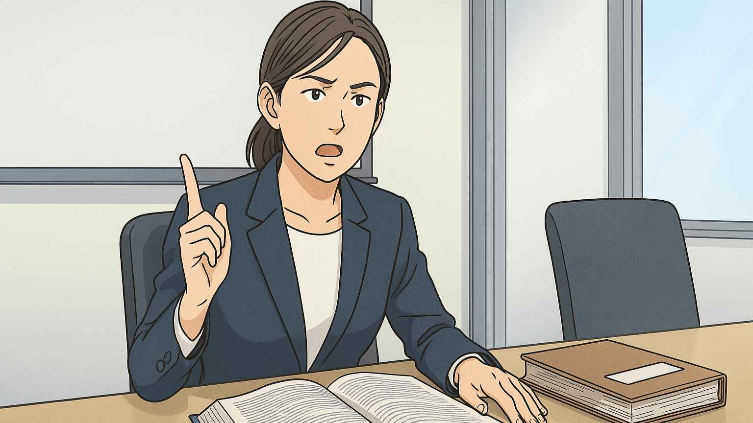 30代の女性ビジネスパーソンで厳しい表情で法律をチェックしているイラスト