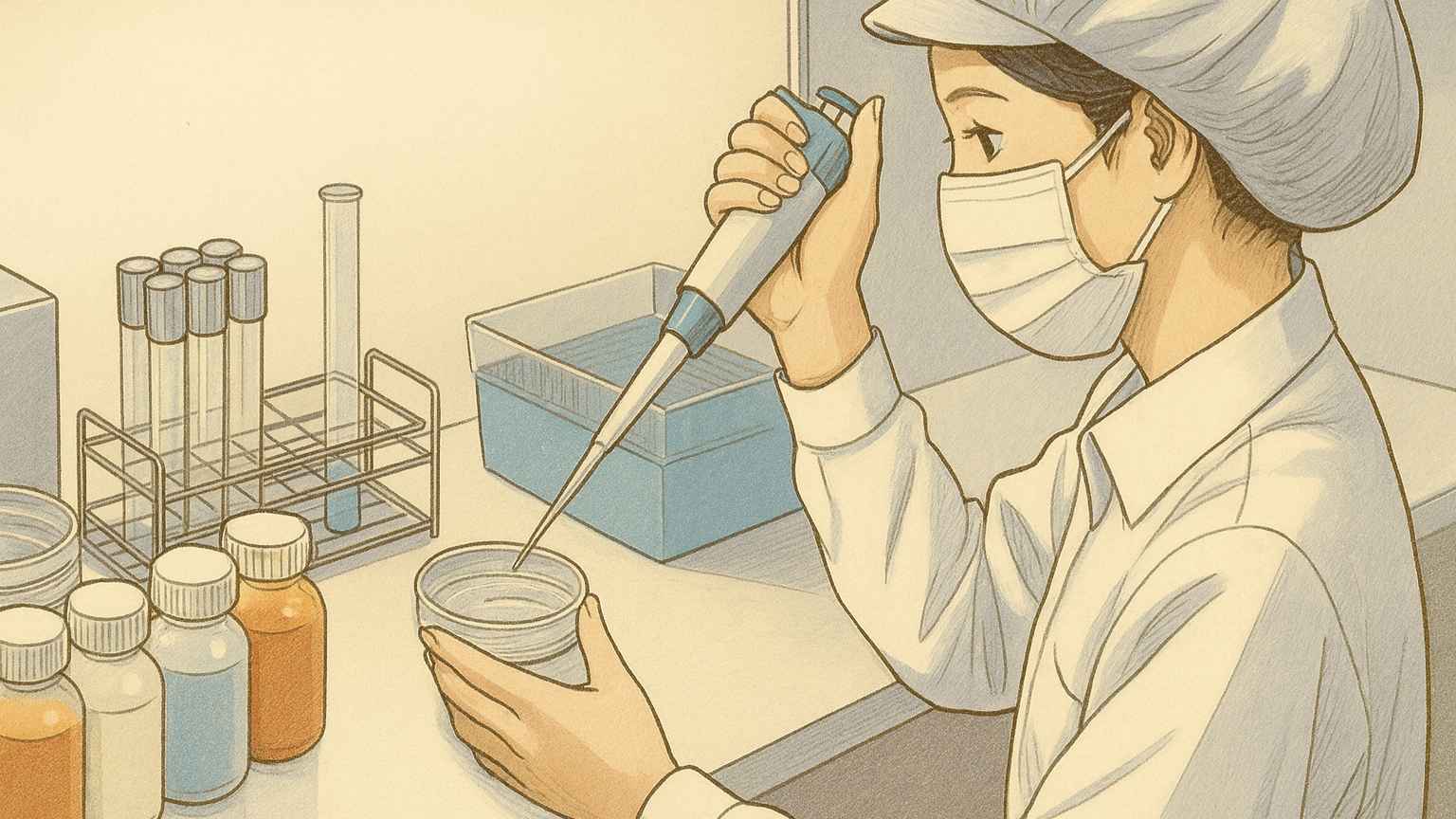 女性検査員が白衣、マスク、キャップを付けて健康食品の検査をしているイラスト