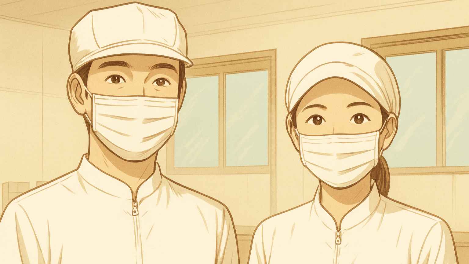 30代の男女が白衣とキャップ、マスクをきちんと付けて健康食品製造に向かうイラスト