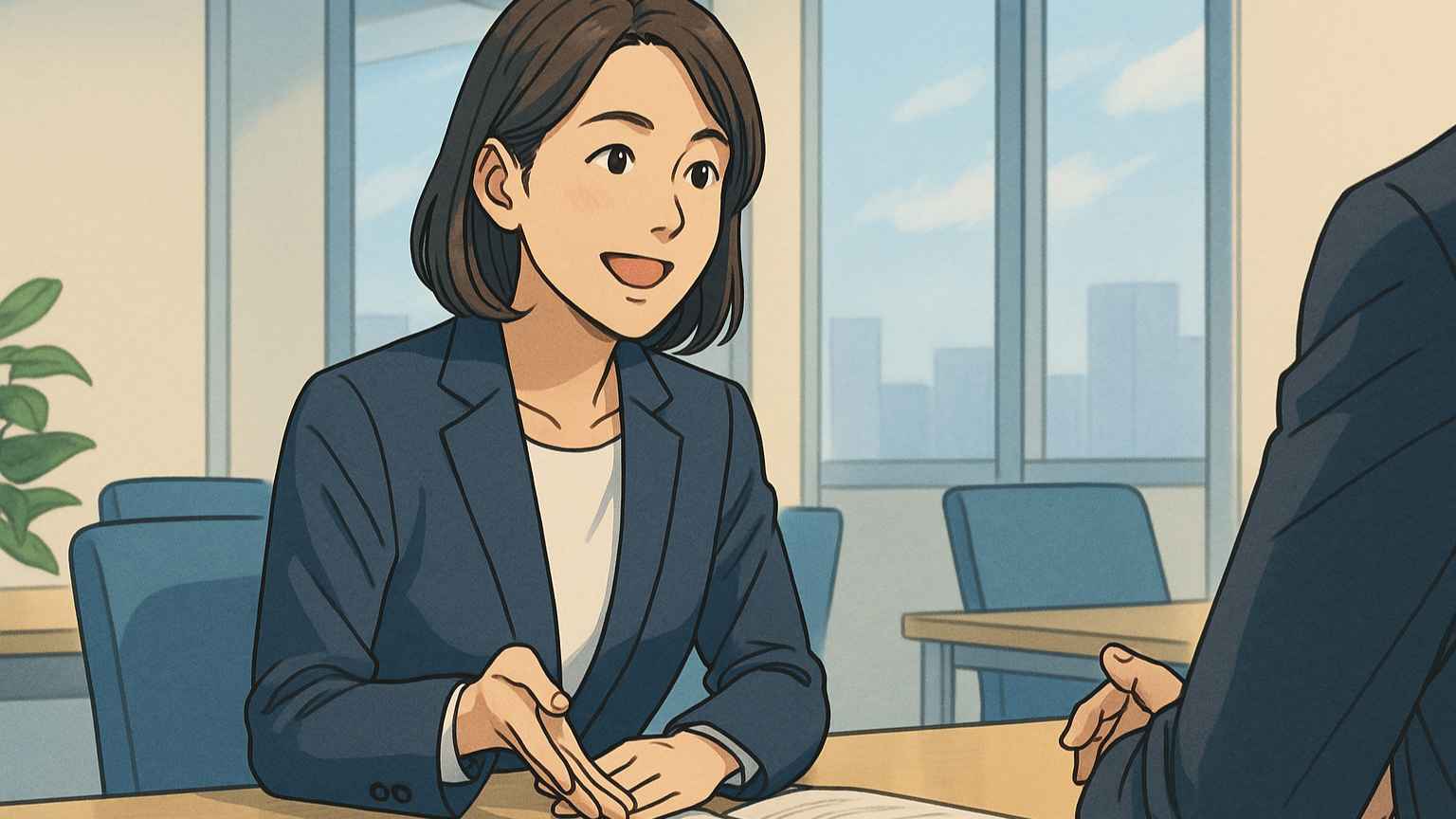 女性ビジネスパーソンが和やかにクライアントに書類の説明をしているイラスト