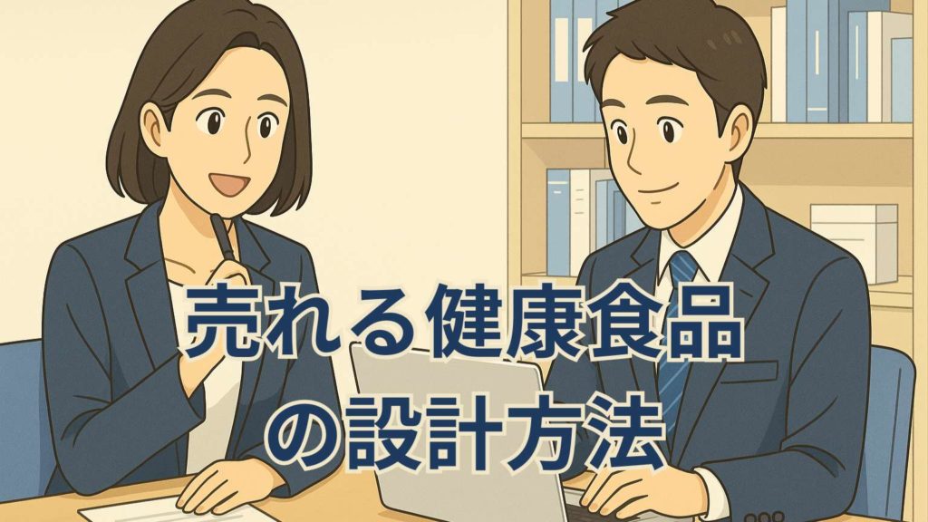 スーツ姿のビジネスパーソンがオフィスのデスクで資料やPCを見ながら新商品開発のヒントを考えているイラスト。