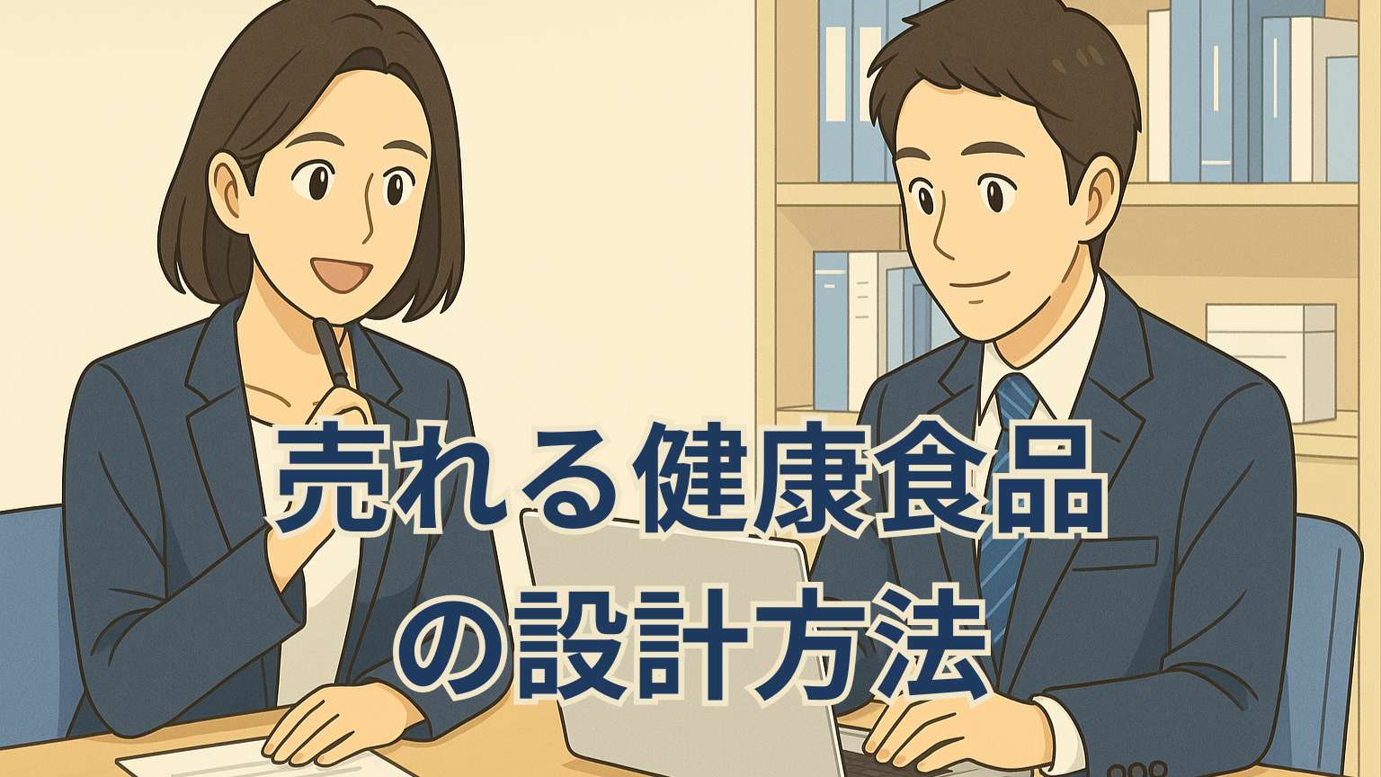 スーツ姿のビジネスパーソンがオフィスのデスクで資料やPCを見ながら新商品開発のヒントを考えているイラスト。