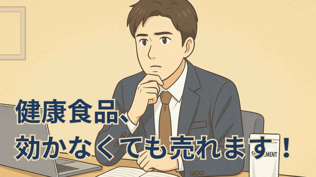 スーツ姿のビジネスパーソンがデスクで『体感はなくても売れる商品とは？』と考えているイラスト。