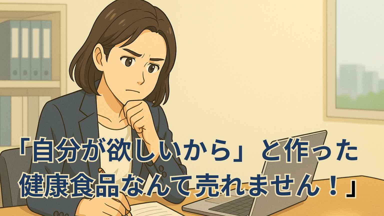 デスクでノートやPCを前に、“自分視点から顧客視点へ”の切り替えを思案するビジネスパーソンのイラスト。集中しつつ前向きな表情。