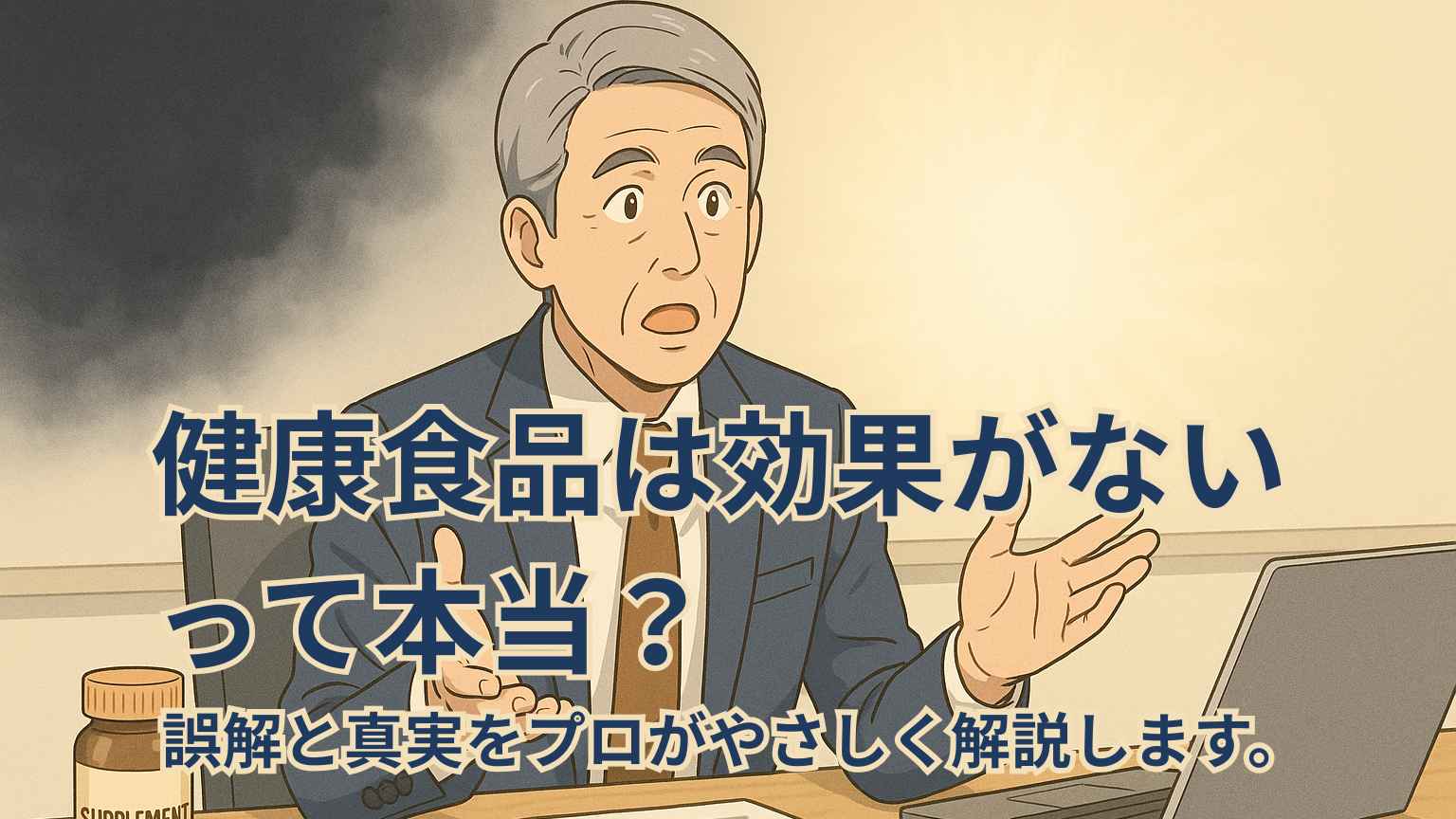 スーツ姿のビジネスマンが、黒いもや（誤解）と光（理解）の背景を前に、『健康食品の誤解と真実』を説明しているイラスト。