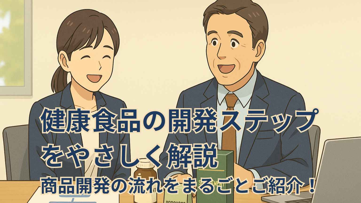 スーツ姿のビジネスパーソンが開発フロー図や試作品を前に“まずはざっくりで大丈夫”と思える安心の笑顔を見せているイラスト。親しみやすさと前向きさが伝わるビジネス調