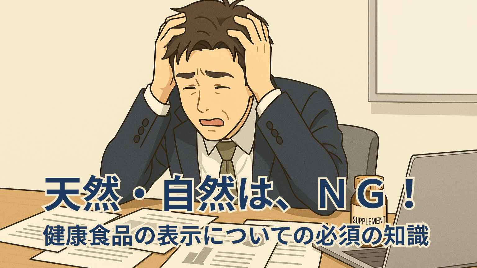 健康食品の企画担当者が、会議室で頭を抱えて『やらかしてしまった…』という表情を浮かべている様子。机の上には散らかった書類が置かれており、失敗の瞬間を表すいきいきとしたシーン。