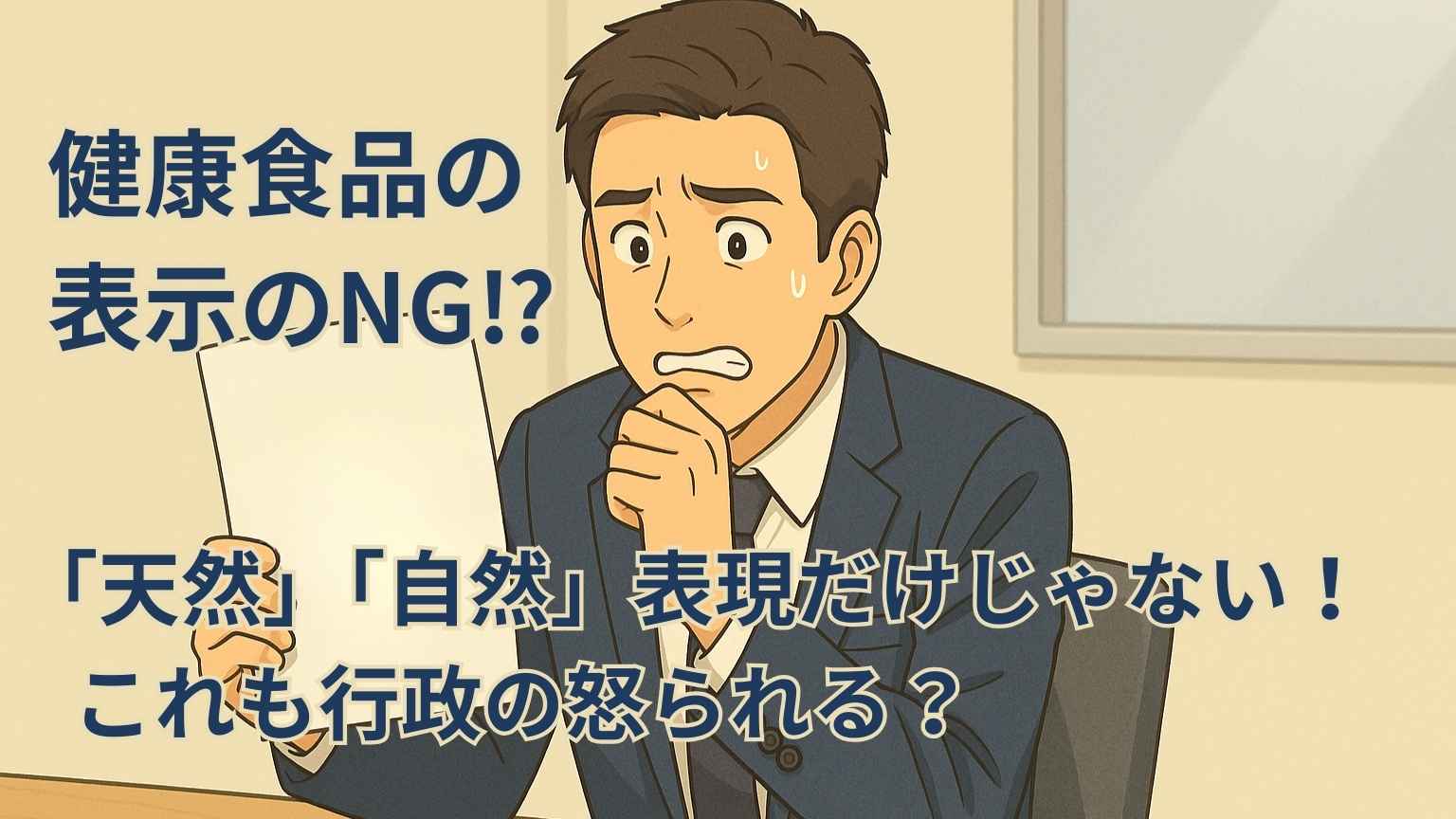 広告やパッケージの“天然”や“医師監修”等の言葉を前に、“あっ！やってしまった”と焦る表情をしたビジネスパーソンのイラスト。表示NGに気づいた瞬間を生き生きと表現。
