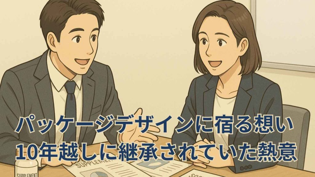 会議室で健康食品のパッケージや販促物を前に、30代の男女がいきいきと打ち合わせをしているイラスト。