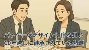 会議室で健康食品のパッケージや販促物を前に、30代の男女がいきいきと打ち合わせをしているイラスト。