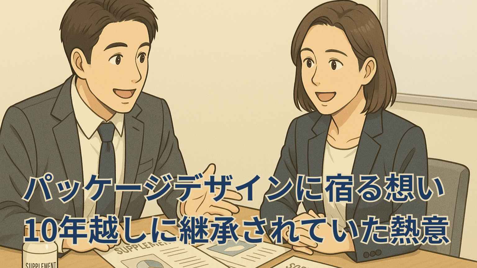 会議室で健康食品のパッケージや販促物を前に、30代の男女がいきいきと打ち合わせをしているイラスト。