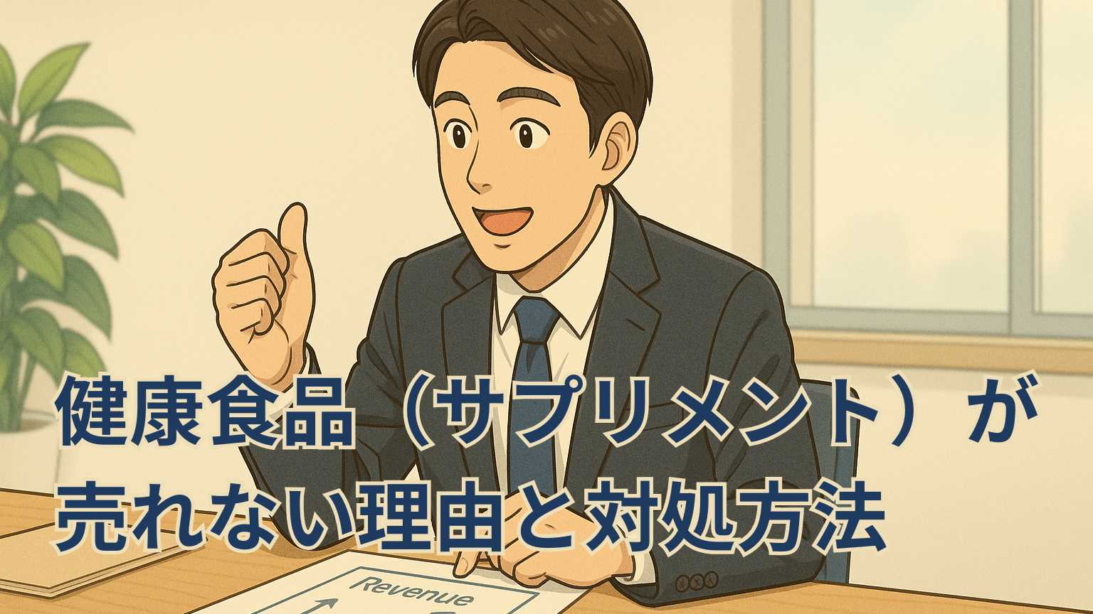 スーツ姿のビジネスパーソンが、収益モデル図を前に『なるほど』と頷きながら納得した表情をしているイラスト。収益構造の理解に至る“気づき”の瞬間を描写。