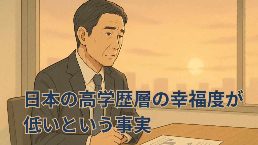 夕暮れのオフィスで遠くを見つめるスーツ姿の男性。高学歴でありながら幸福感に悩む思索的な表情が印象的なイラスト。