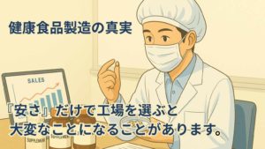 白衣を着た人物がラボでサプリメントの瓶や顆粒をチェックしているイラスト。