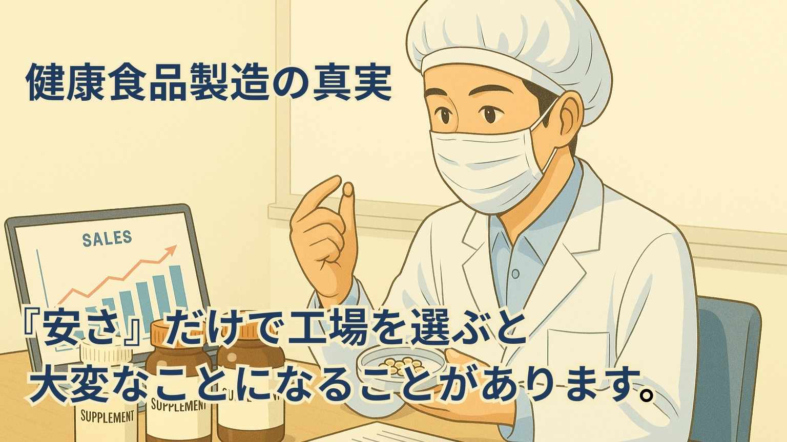 白衣を着た人物がラボでサプリメントの瓶や顆粒をチェックしているイラスト。