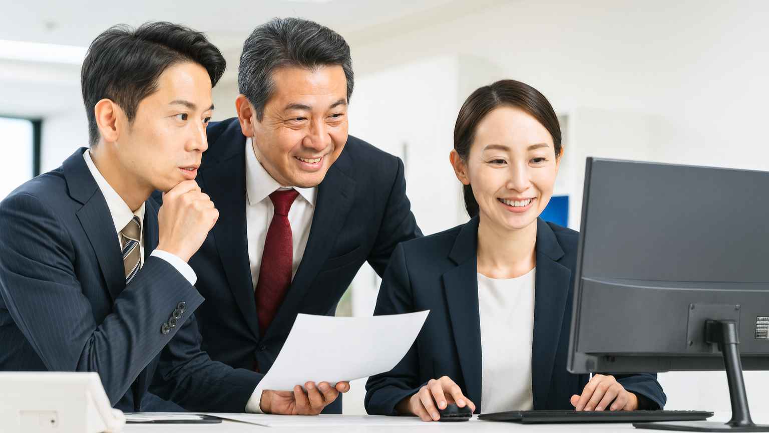 3人のビジネスパーソンがオフィスで和やかに打ち合わせをしている写真