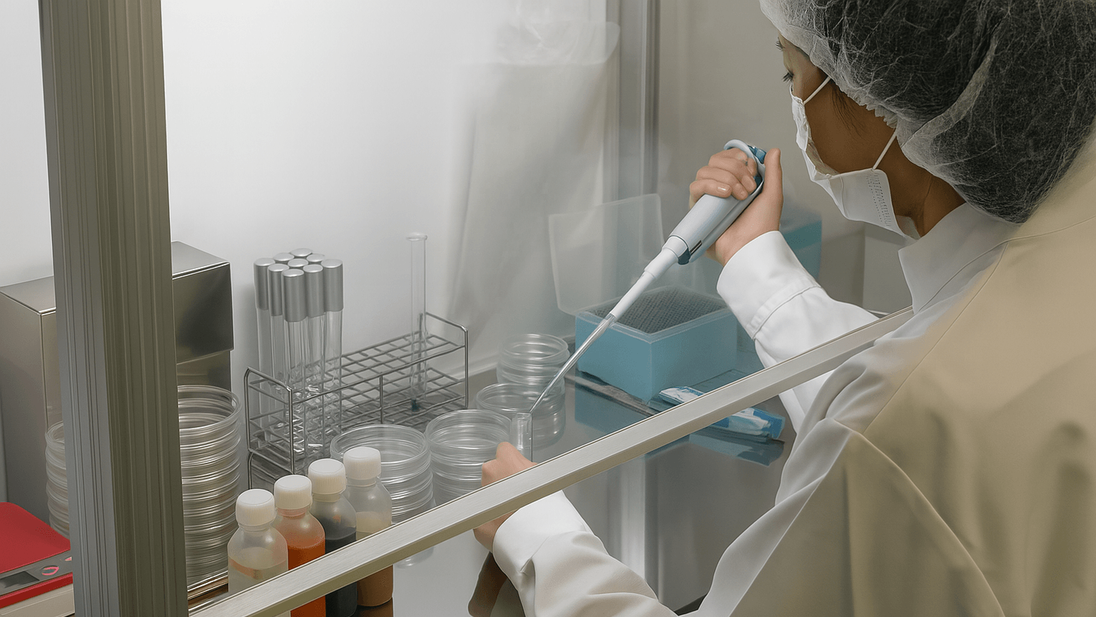 健康食品の本質検査をする女性。徹底した品質管理を示す画像。